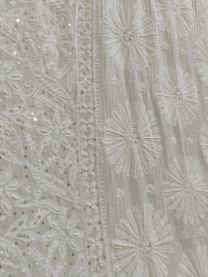 Ivory Georgette Chikankari Saree with Radiant Floral Embellishments