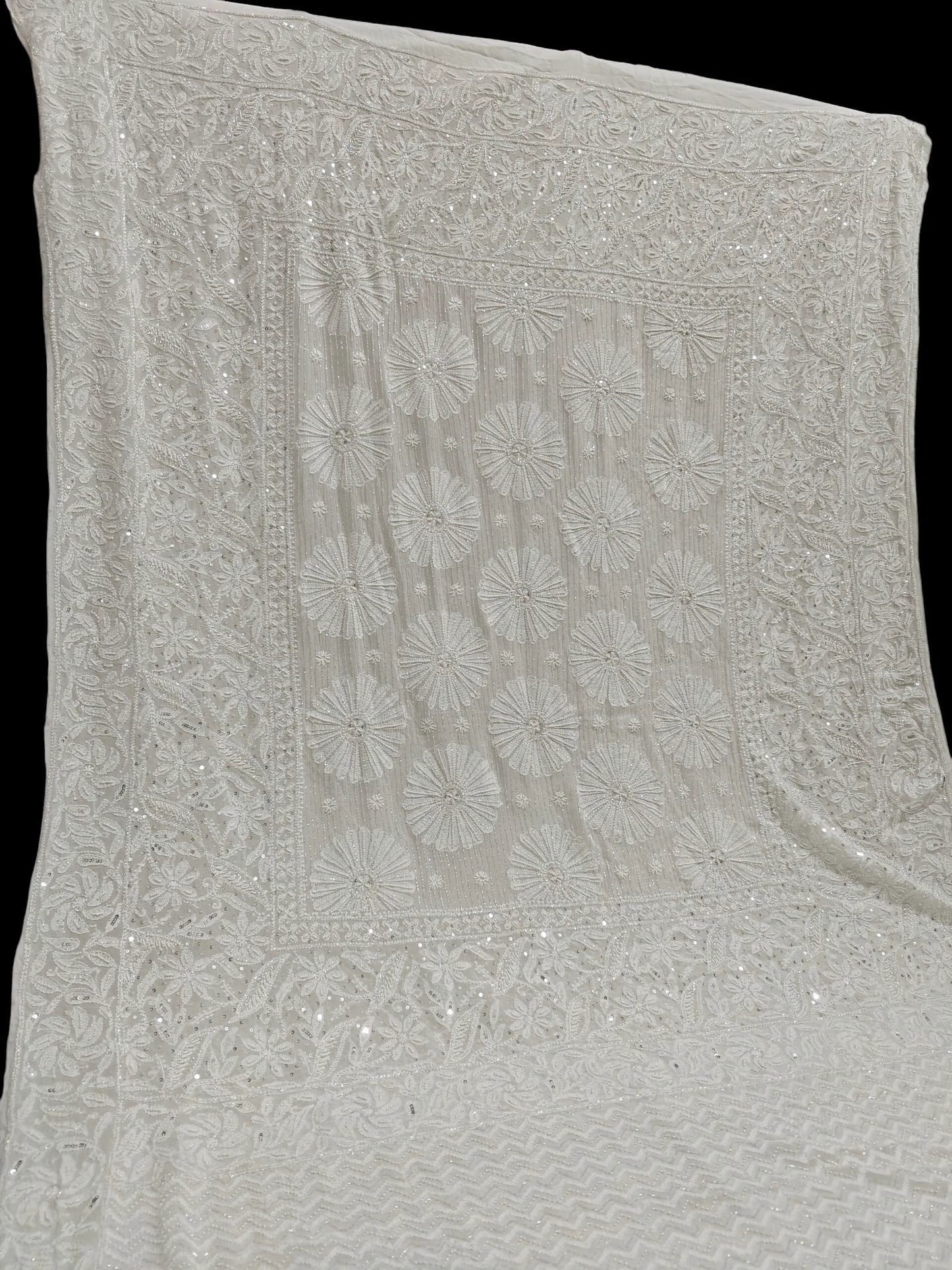 Ivory Georgette Chikankari Saree with Radiant Floral Embellishments