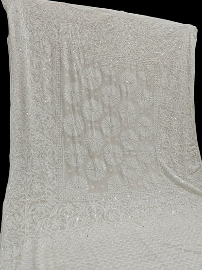 Ivory Georgette Chikankari Saree with Radiant Floral Embellishments