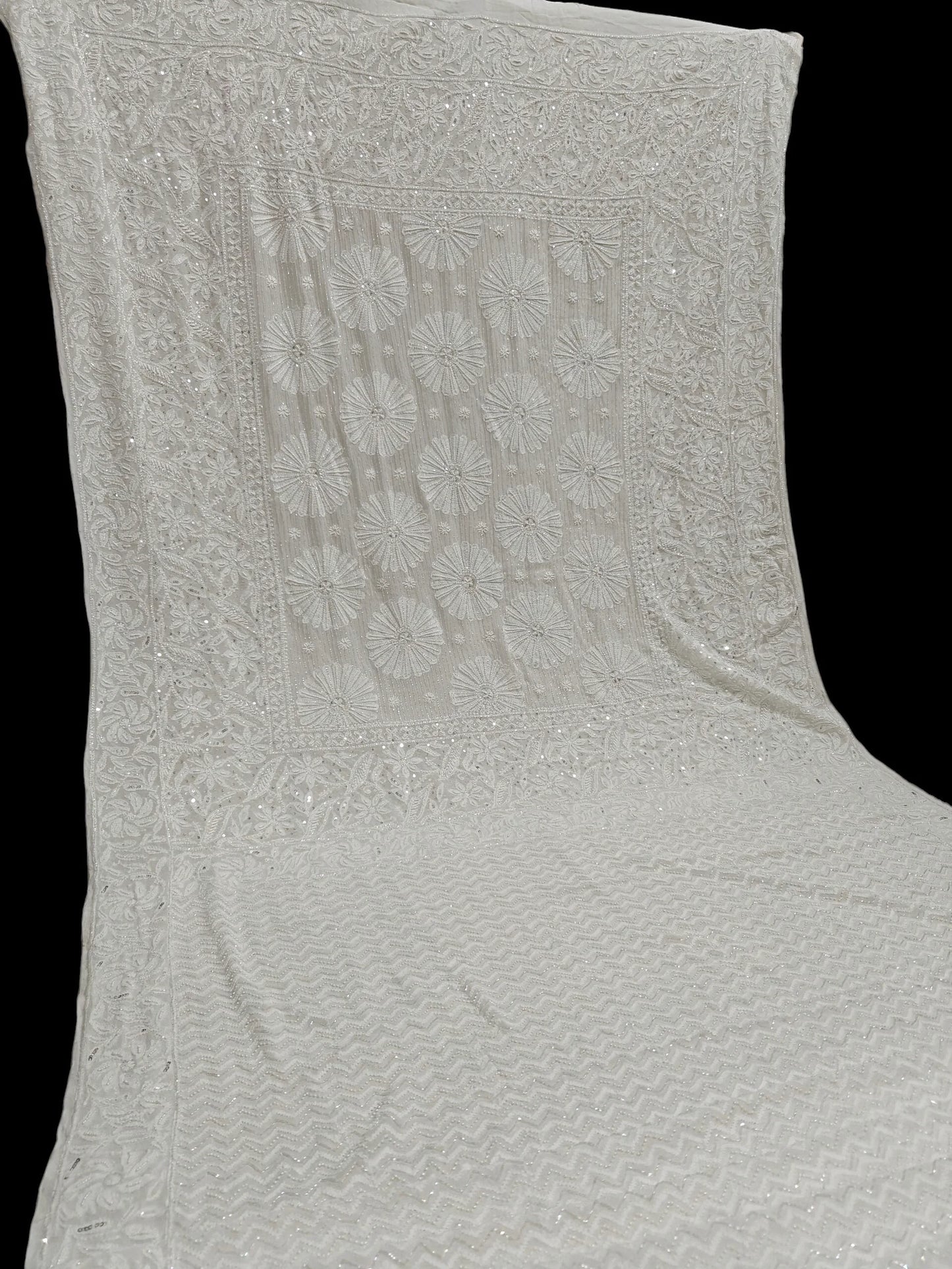 Ivory Georgette Chikankari Saree with Radiant Floral Embellishments