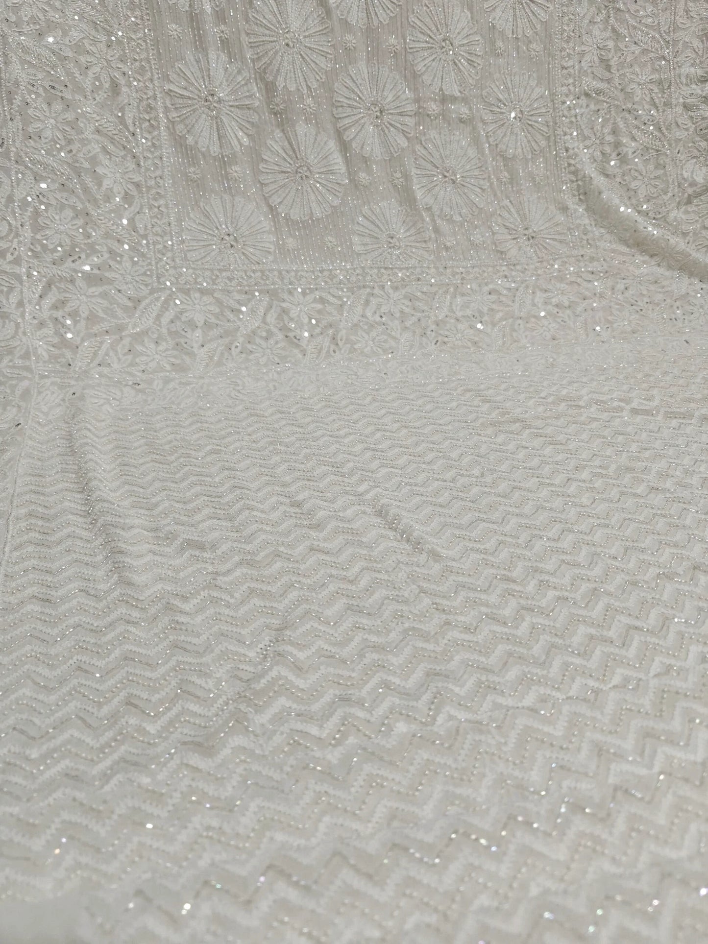 Ivory Georgette Chikankari Saree with Radiant Floral Embellishments