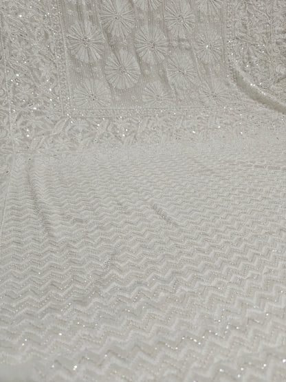 Ivory Georgette Chikankari Saree with Radiant Floral Embellishments