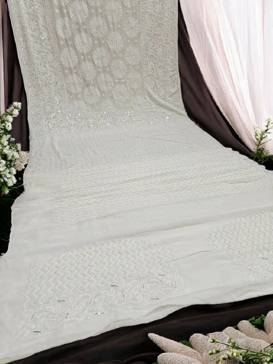 Ivory Georgette Chikankari Saree with Radiant Floral Embellishments