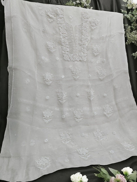 Rose Chikankari Organza Suit with Moti & Cut Dana Detailing