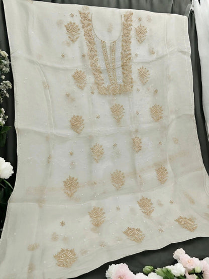 Rose Chikankari Organza Suit with Moti & Cut Dana Detailing