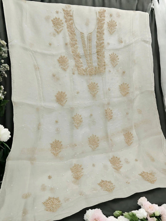 Rose Chikankari Organza Suit with Moti & Cut Dana Detailing