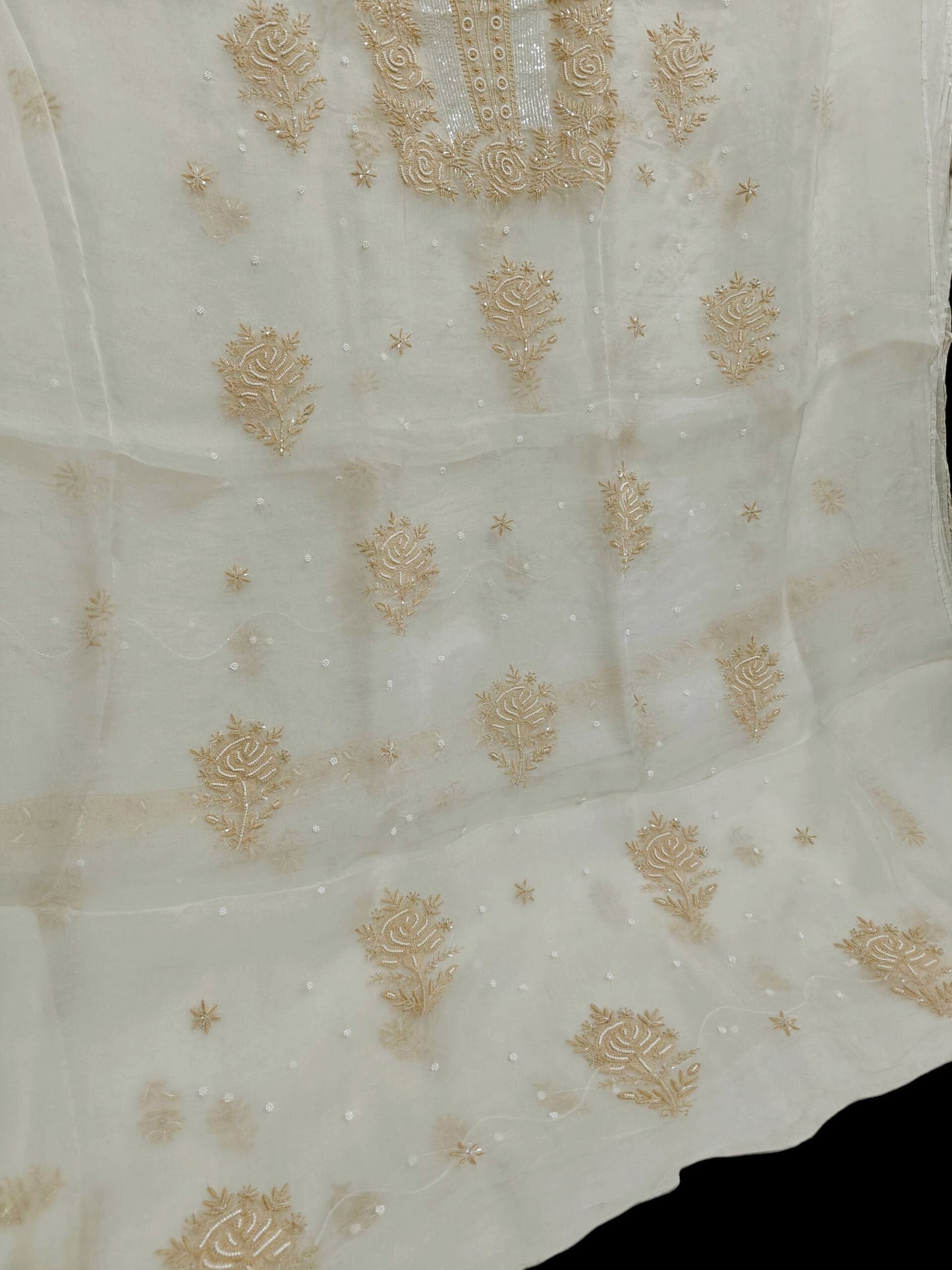 Rose Chikankari Organza Suit with Moti & Cut Dana Detailing