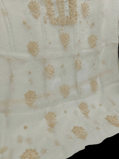 Rose Chikankari Organza Suit with Moti & Cut Dana Detailing