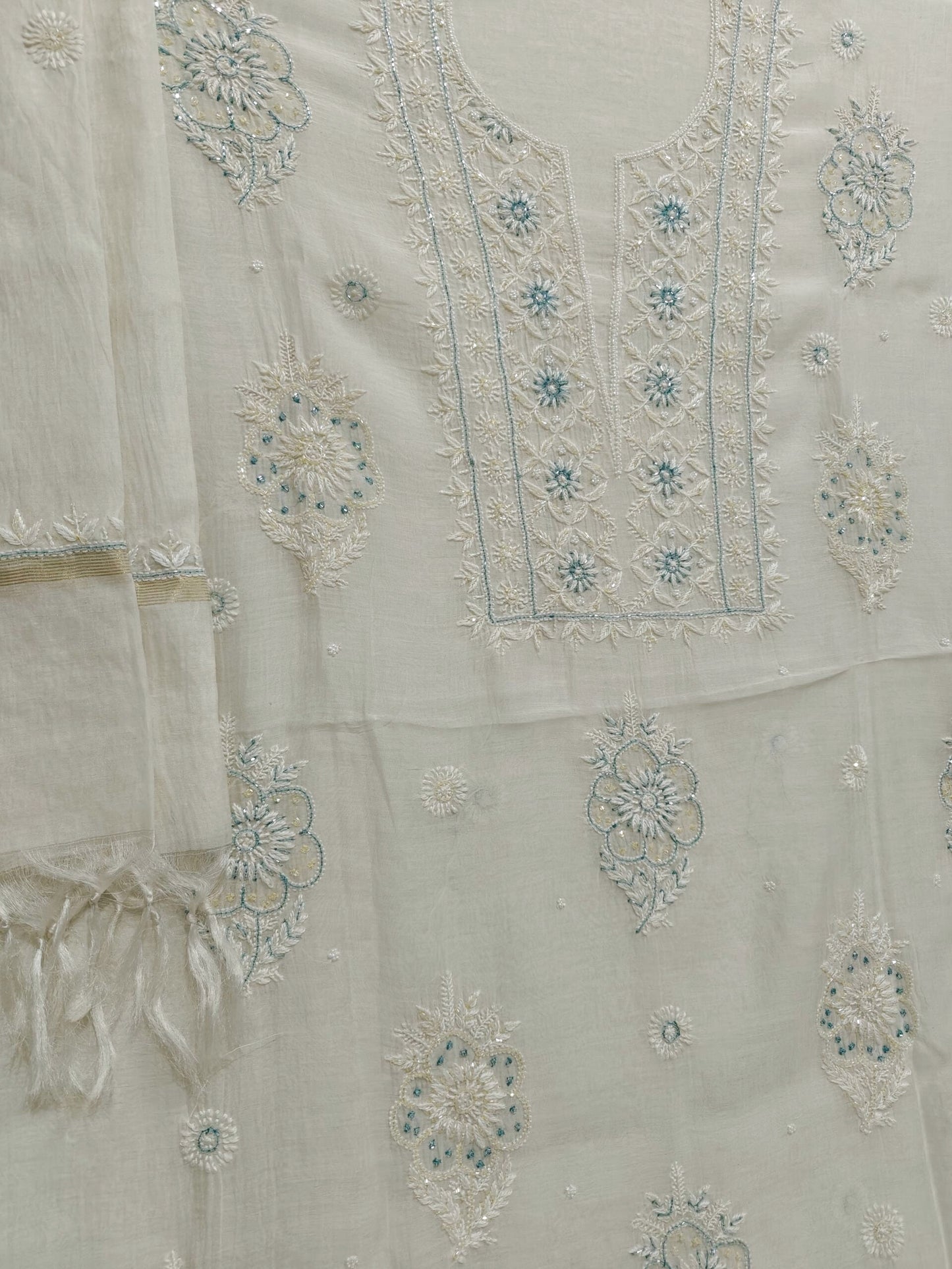 Floral Chikankari Mul Suit with Moti & Cut Dana work