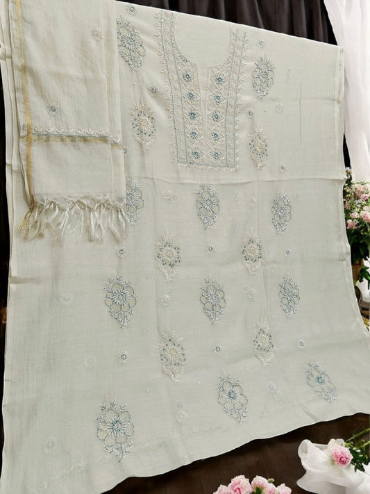 Floral Chikankari Mul Suit with Moti & Cut Dana work