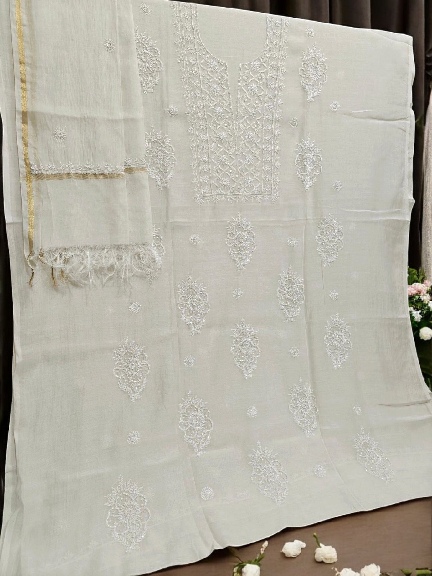 Floral Chikankari Mul Suit with Moti & Cut Dana work