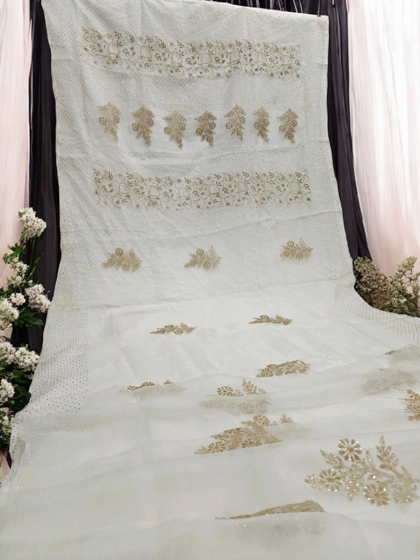 Royal White Organza Saree with Golden Mukesh Chikankari Detailing | Blouse Included