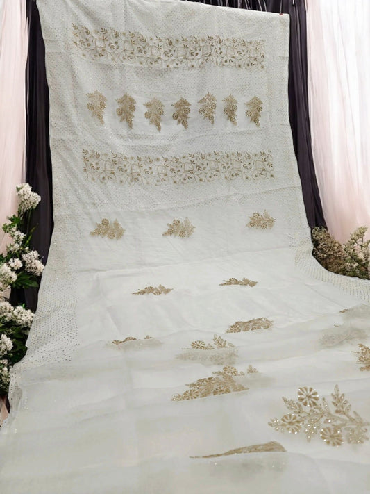Royal White Organza Saree with Golden Mukesh Chikankari Detailing | Blouse Included