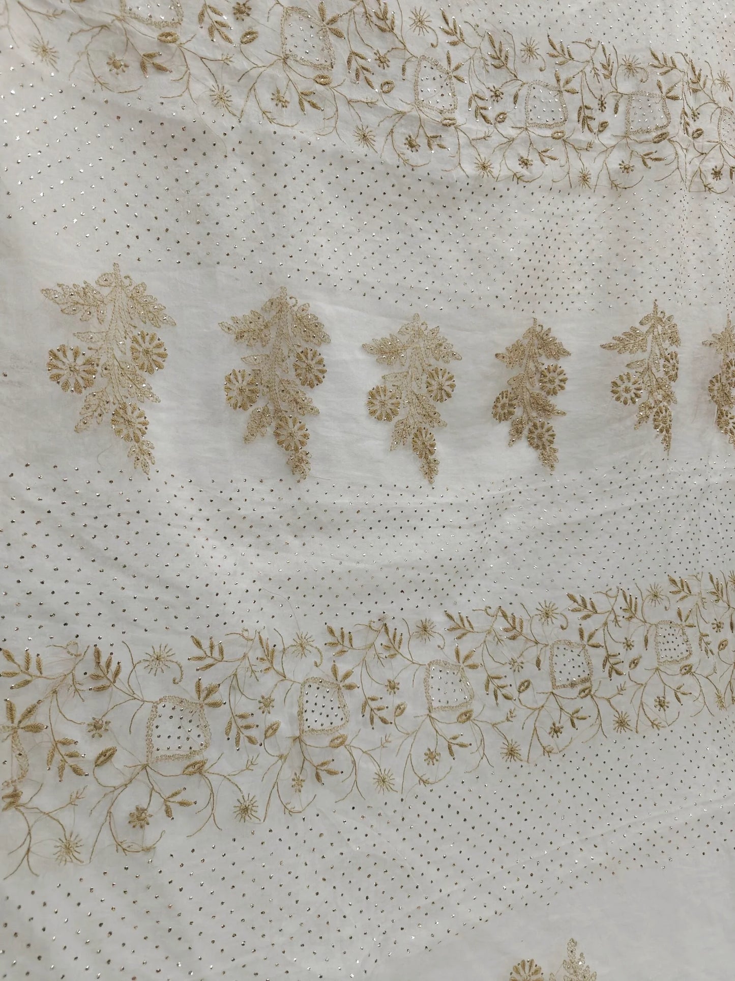 Royal White Organza Saree with Golden Mukesh Chikankari Detailing | Blouse Included
