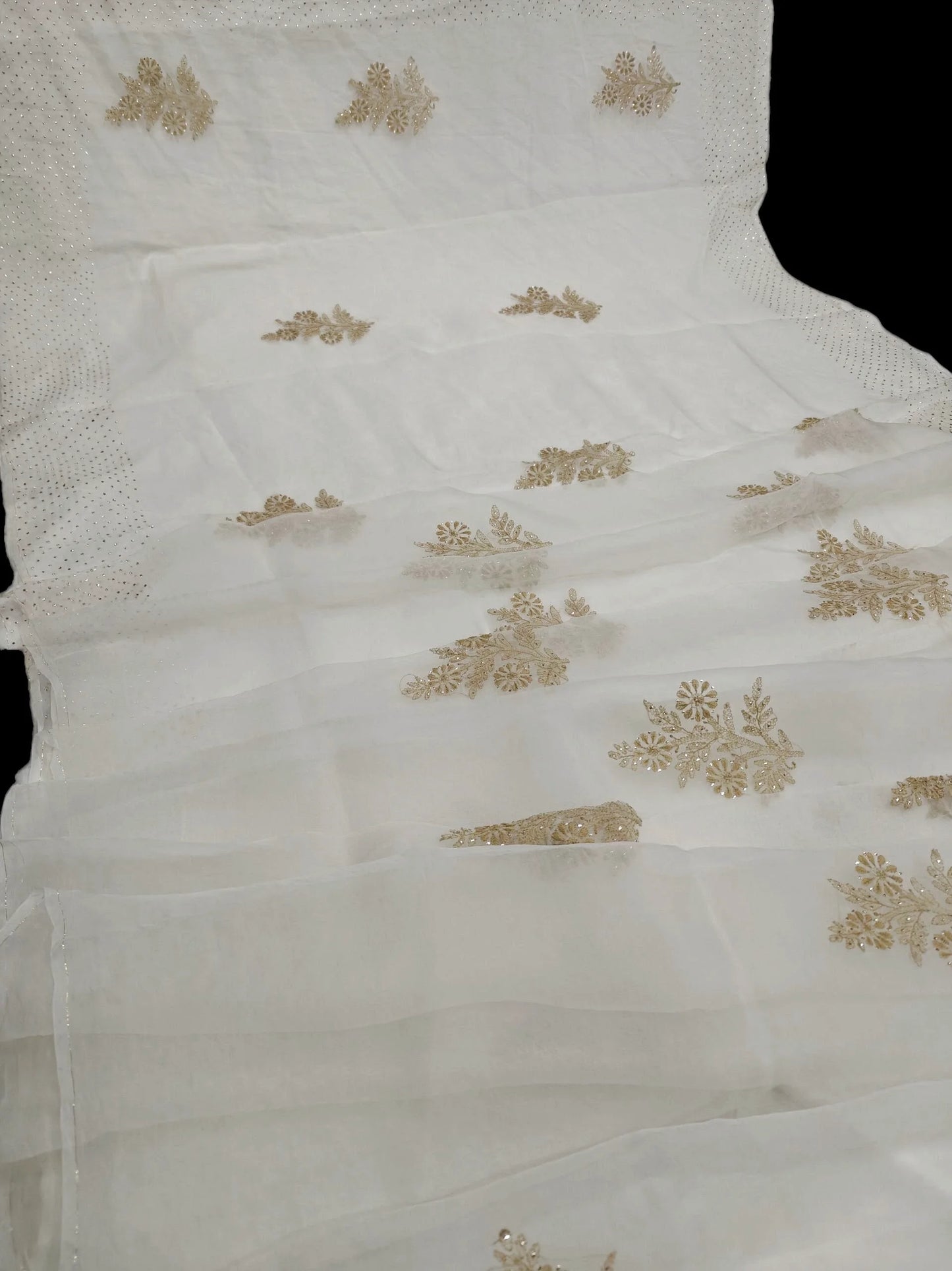 Royal White Organza Saree with Golden Mukesh Chikankari Detailing | Blouse Included
