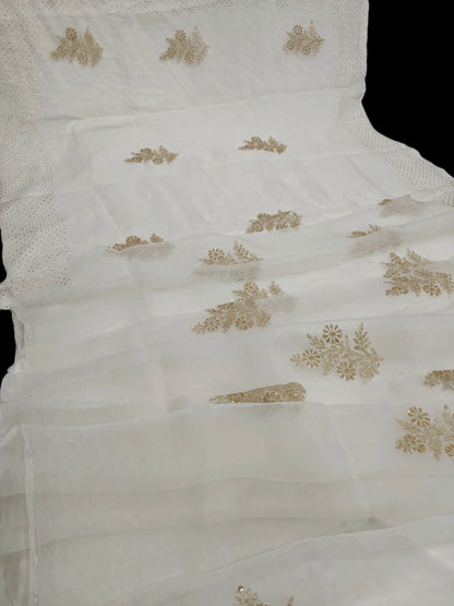 Royal White Organza Saree with Golden Mukesh Chikankari Detailing | Blouse Included