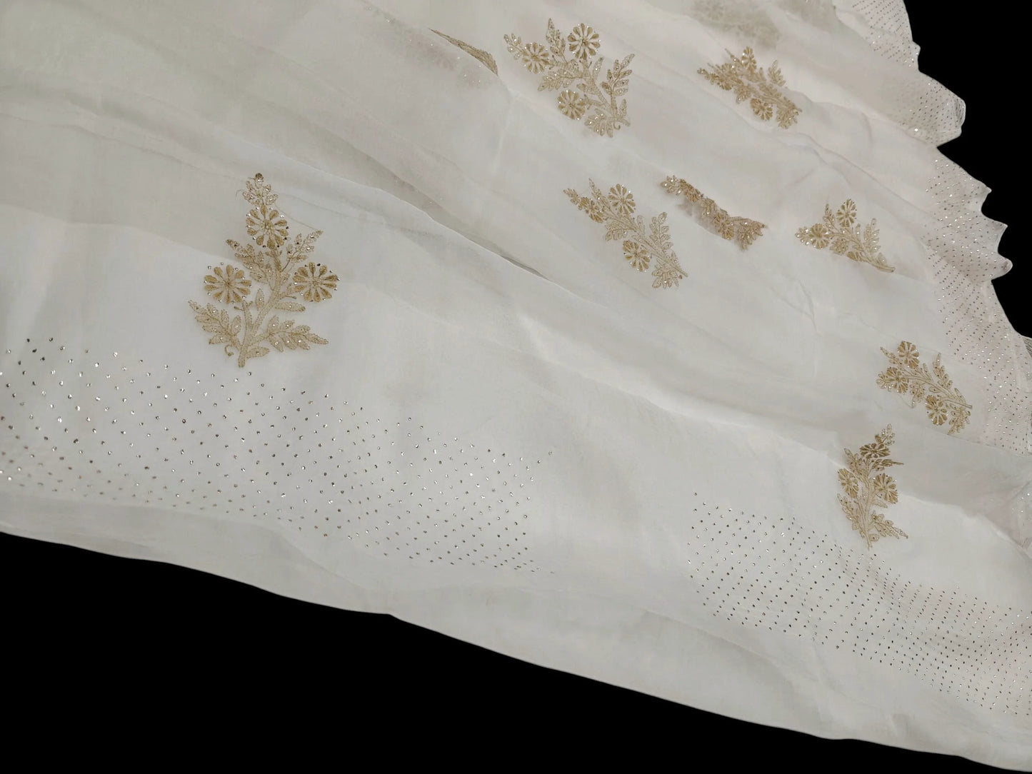 Royal White Organza Saree with Golden Mukesh Chikankari Detailing | Blouse Included