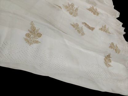 Royal White Organza Saree with Golden Mukesh Chikankari Detailing | Blouse Included