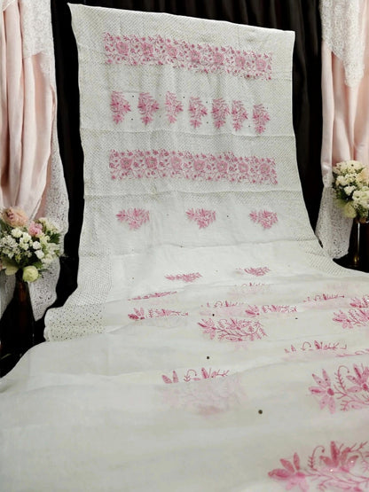 Timeless Organza Chikankari Saree with Handworked Golden Kamdani | With Matching Blouse