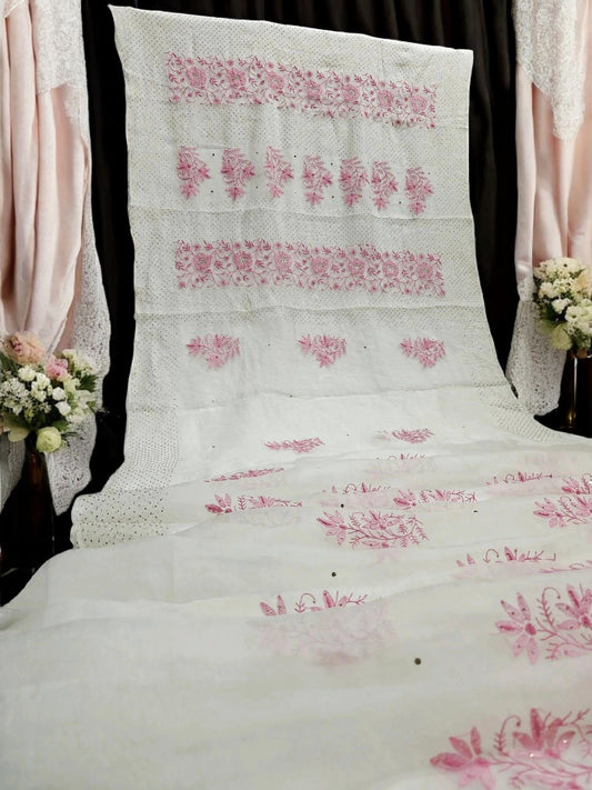 Timeless Organza Chikankari Saree with Handworked Golden Kamdani | With Matching Blouse