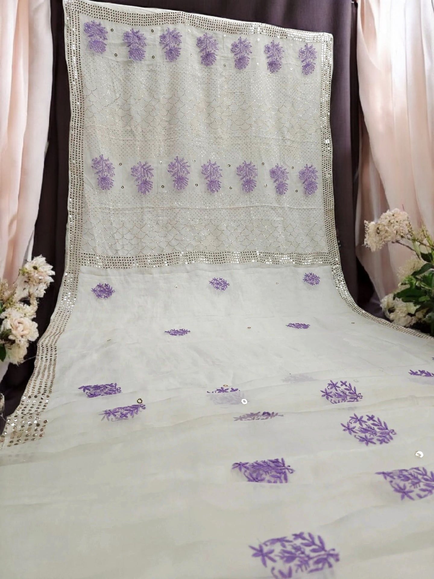 Lavender Bloom Chikankari Organza Saree with Sequin Mukesh Work – Includes Blouse Piece