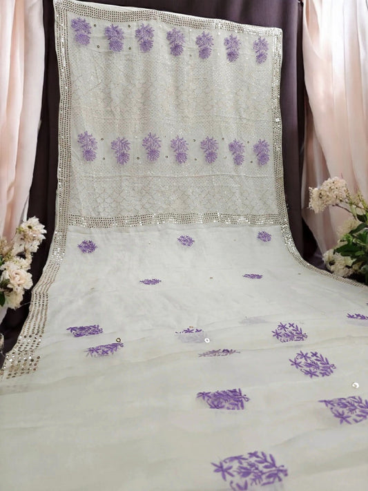Lavender Bloom Chikankari Organza Saree with Sequin Mukesh Work – Includes Blouse Piece