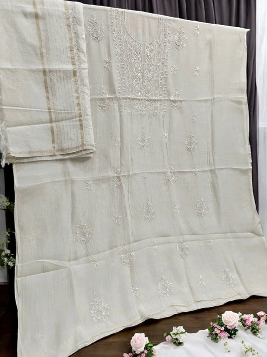 Exquisite Chikankari Suit with Moti Cut Dana work - Unstitched | Pure Mul Fabric