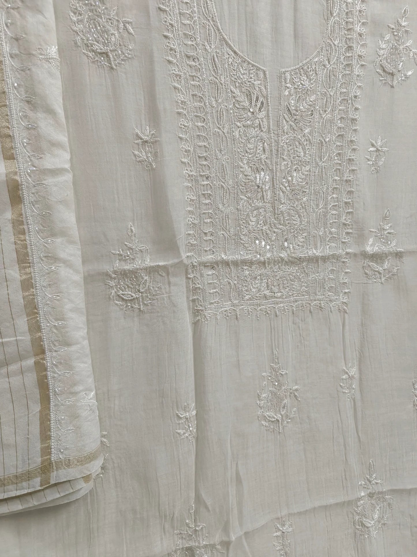 Exquisite Chikankari Suit with Moti Cut Dana work - Unstitched | Pure Mul Fabric