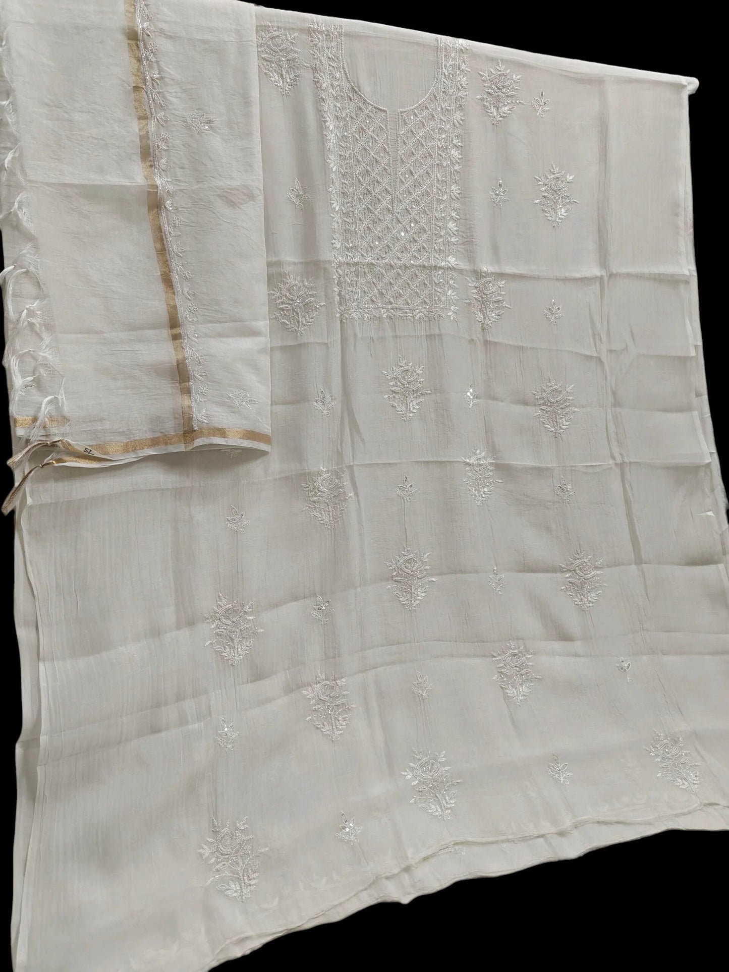 Exquisite Chikankari Suit with Moti Cut Dana work – Unstitched | Pure Mul Fabric