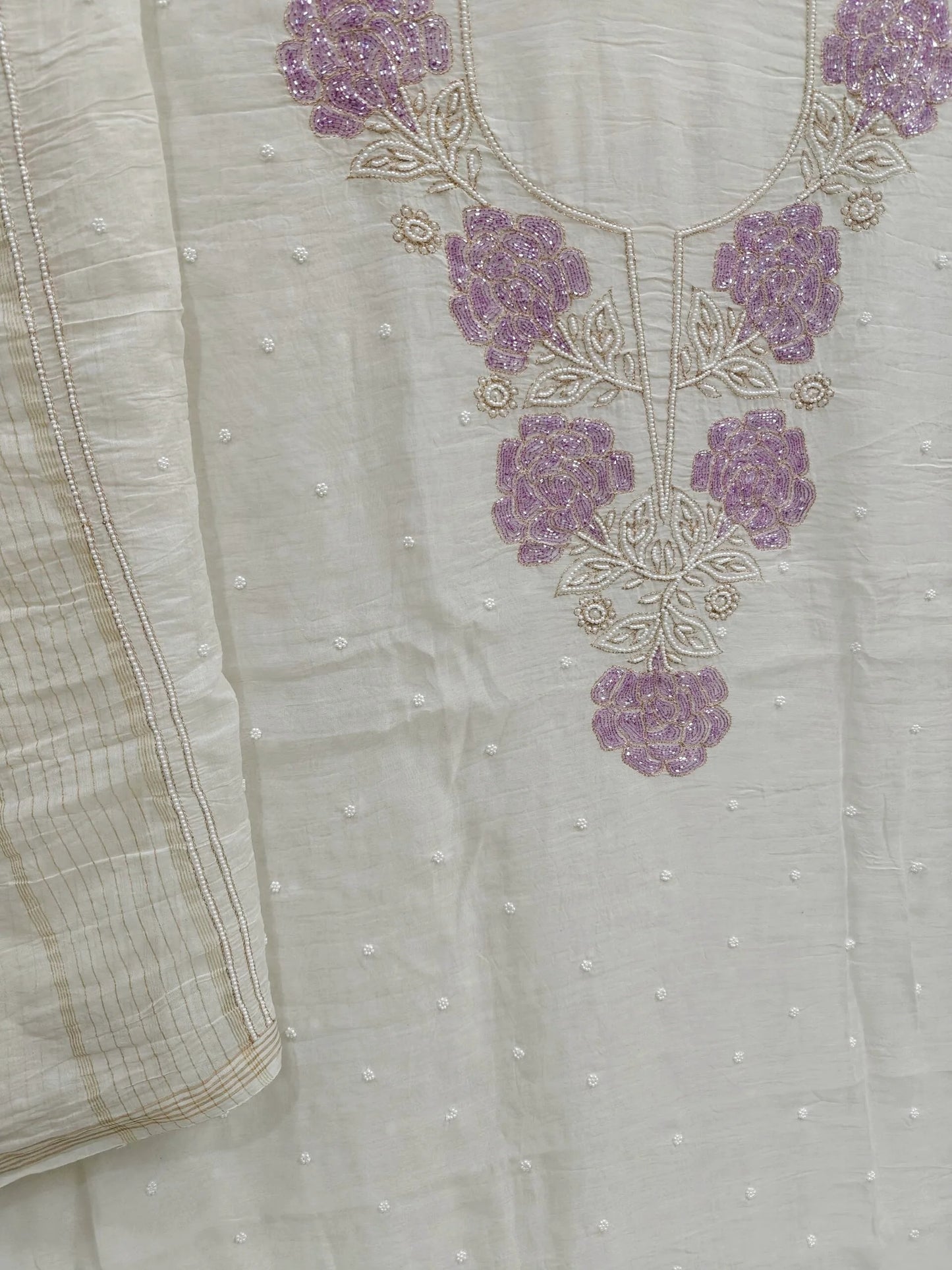 Floral Chikankari Mul Suit with Moti & Cut Dana work