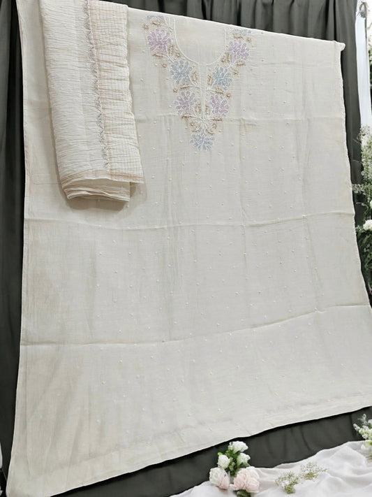Floral Chikankari Mul Suit with Moti & Cut Dana work