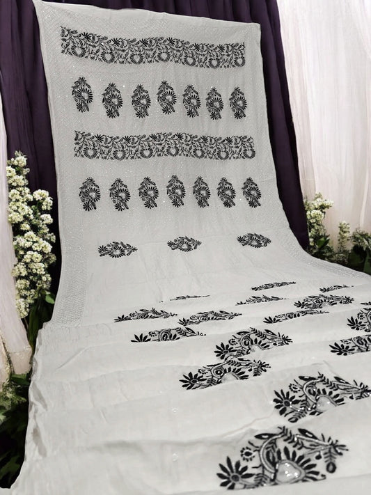Graceful Black Thread Chikan Saree with Moti Cut Dana Highlights – Pure Mul Fabric