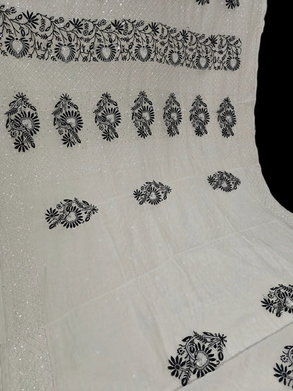 Graceful Black Thread Chikan Saree with Moti Cut Dana Highlights – Pure Mul Fabric