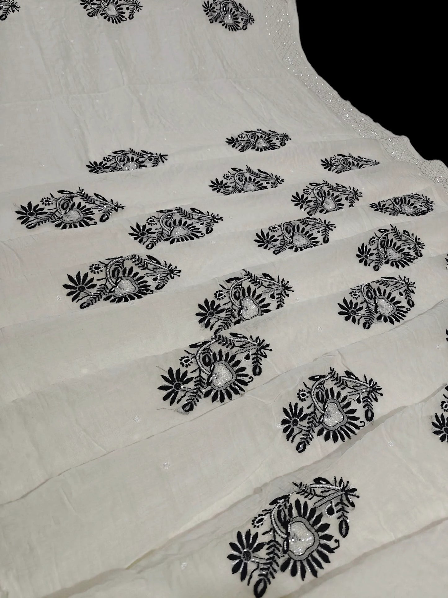 Graceful Black Thread Chikan Saree with Moti Cut Dana Highlights – Pure Mul Fabric