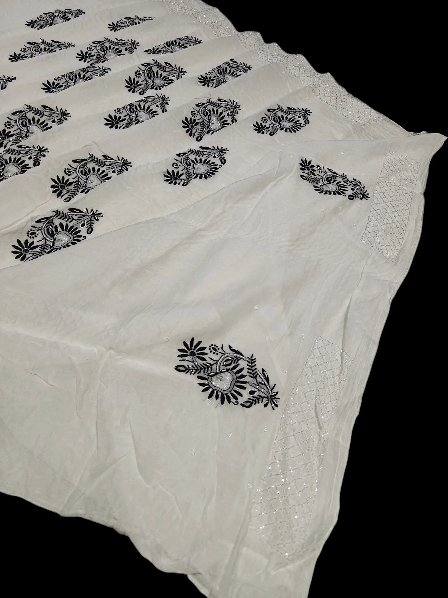 Graceful Black Thread Chikan Saree with Moti Cut Dana Highlights – Pure Mul Fabric