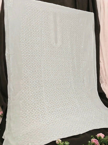 Classic White Chikankari Hand-Embroidered Men's Kurta – Unstitched | Georgette Fabric