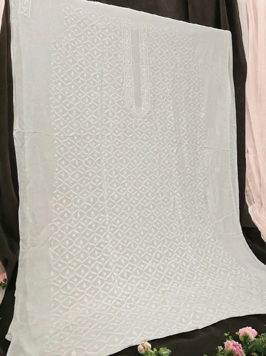 Classic White Chikankari Hand-Embroidered Men's Kurta – Unstitched | Georgette Fabric