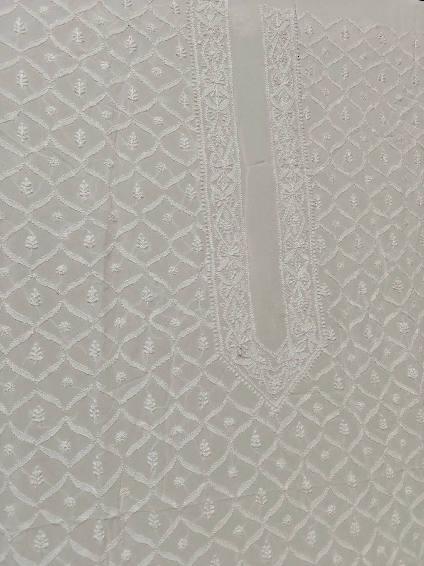 Classic White Chikankari Hand-Embroidered Men's Kurta – Unstitched | Georgette Fabric
