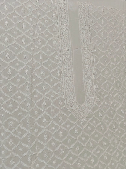 Classic White Chikankari Hand-Embroidered Men's Kurta – Unstitched | Georgette Fabric