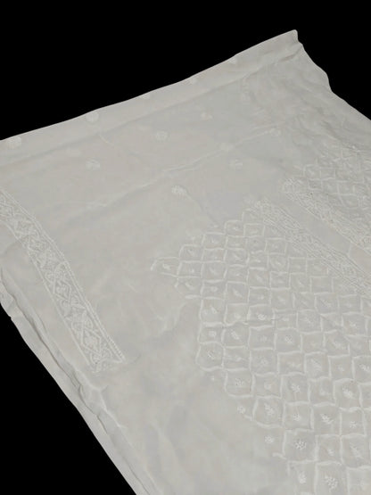 Classic White Chikankari Hand-Embroidered Men's Kurta – Unstitched | Georgette Fabric