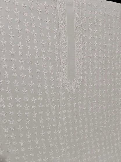 Classic White Chikankari Hand-Embroidered Men's Kurta – Unstitched | Georgette Fabric