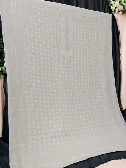Classic White Chikankari Hand-Embroidered Men's Kurta – Unstitched | Georgette Fabric