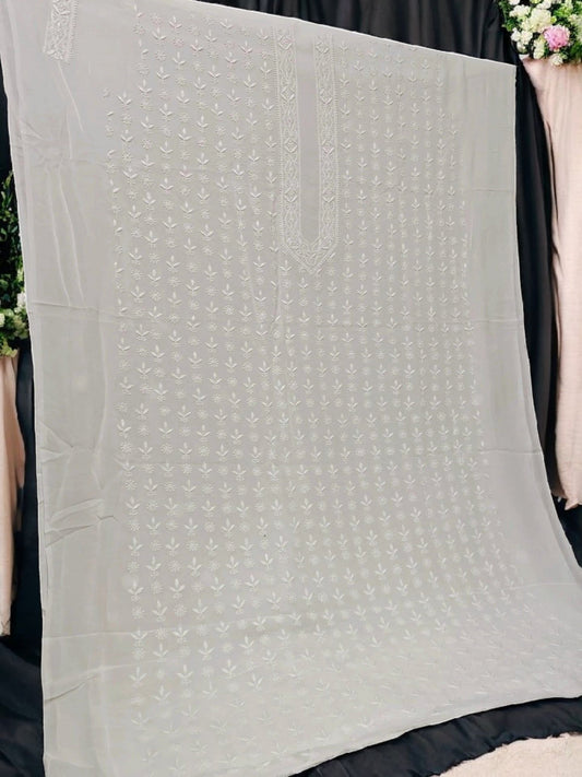 Classic White Chikankari Hand-Embroidered Men's Kurta – Unstitched | Georgette Fabric
