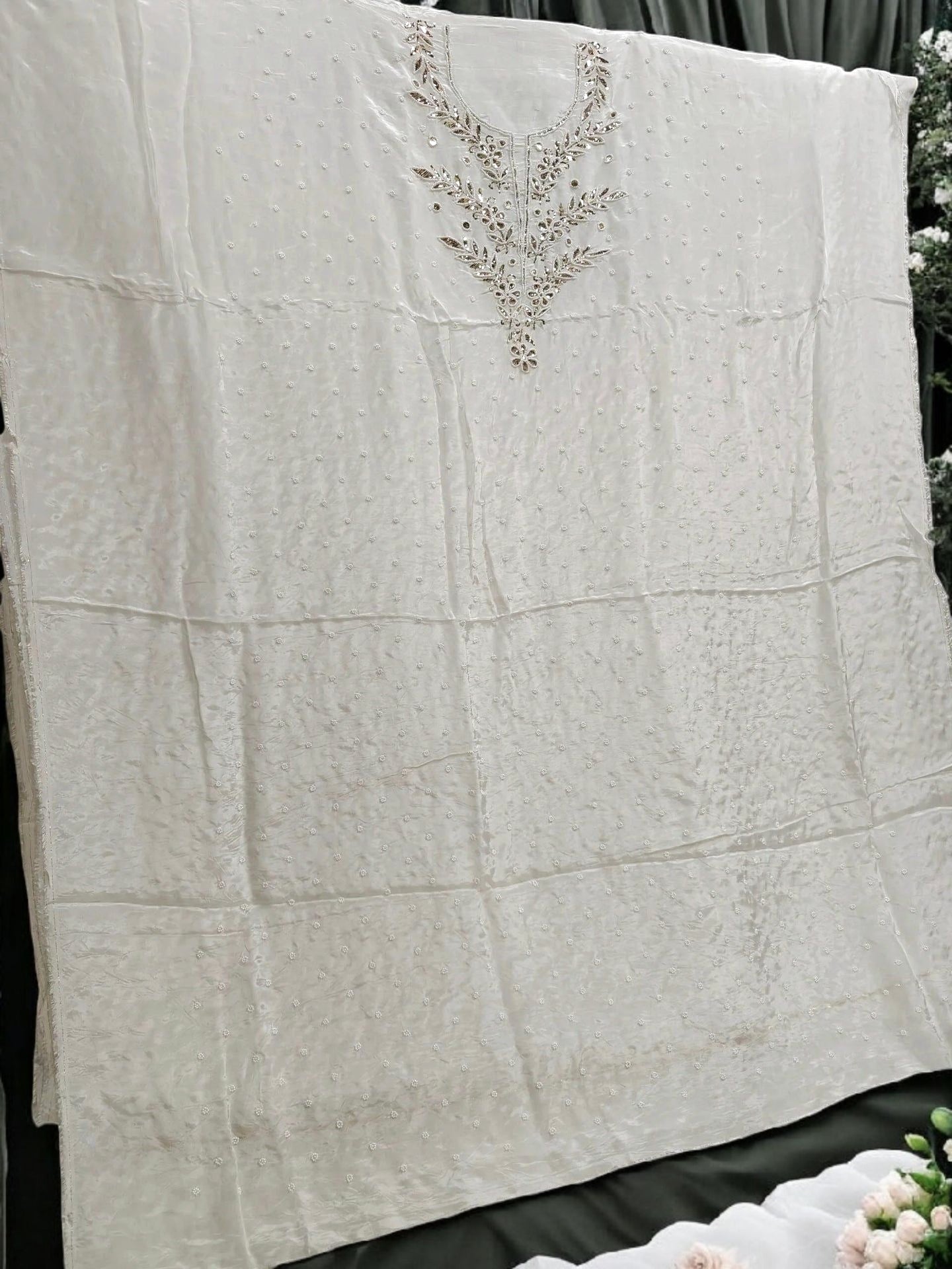 Mukesh Kamdani Suit with Moti Pearl work – Un-Stitched | Organza Silk Fabric