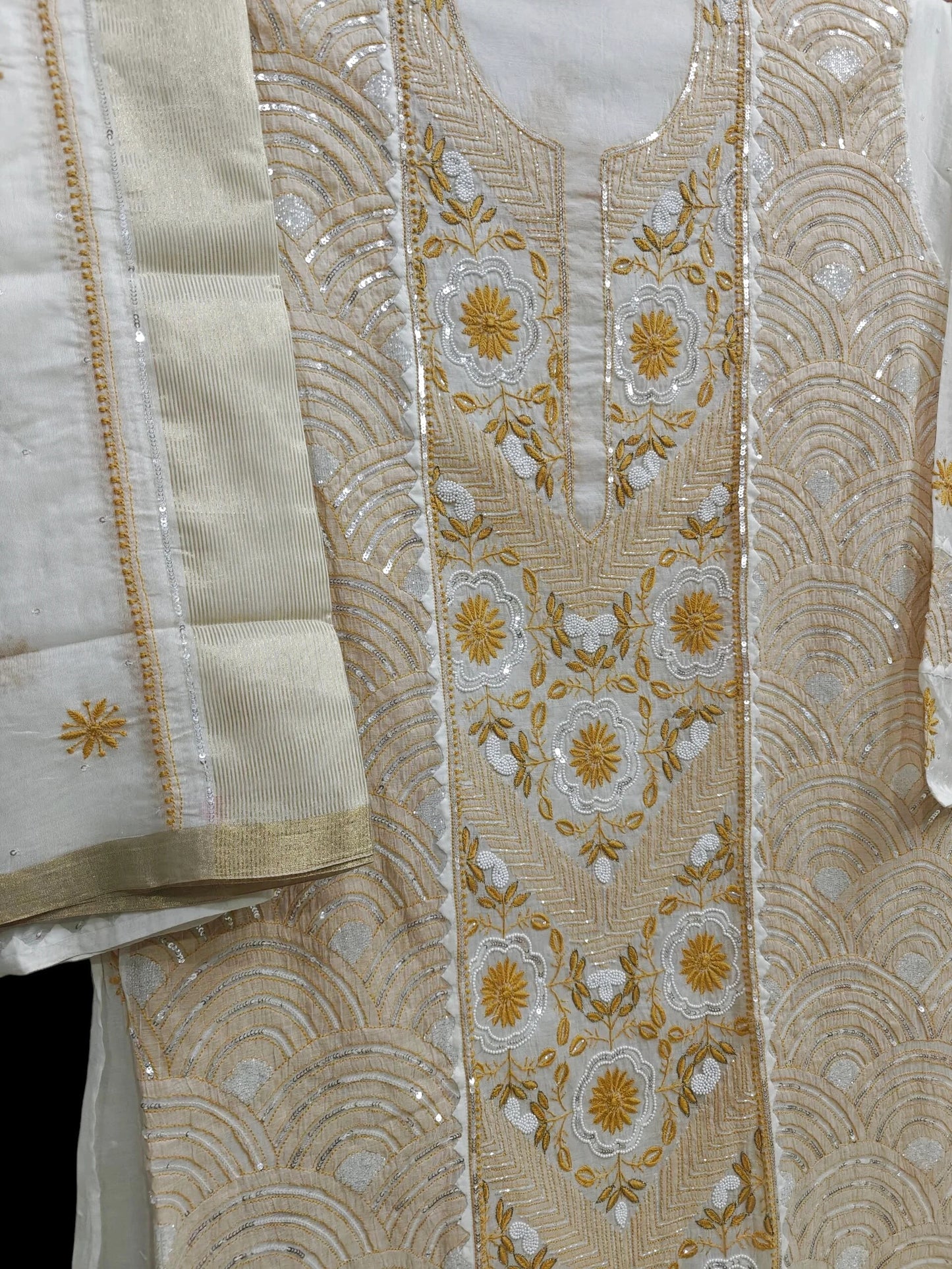 Graceful Moti Pearl & Sequin Handwork Chikankari Suit – Semi-Stitched | Premium Semi Mul Fabric