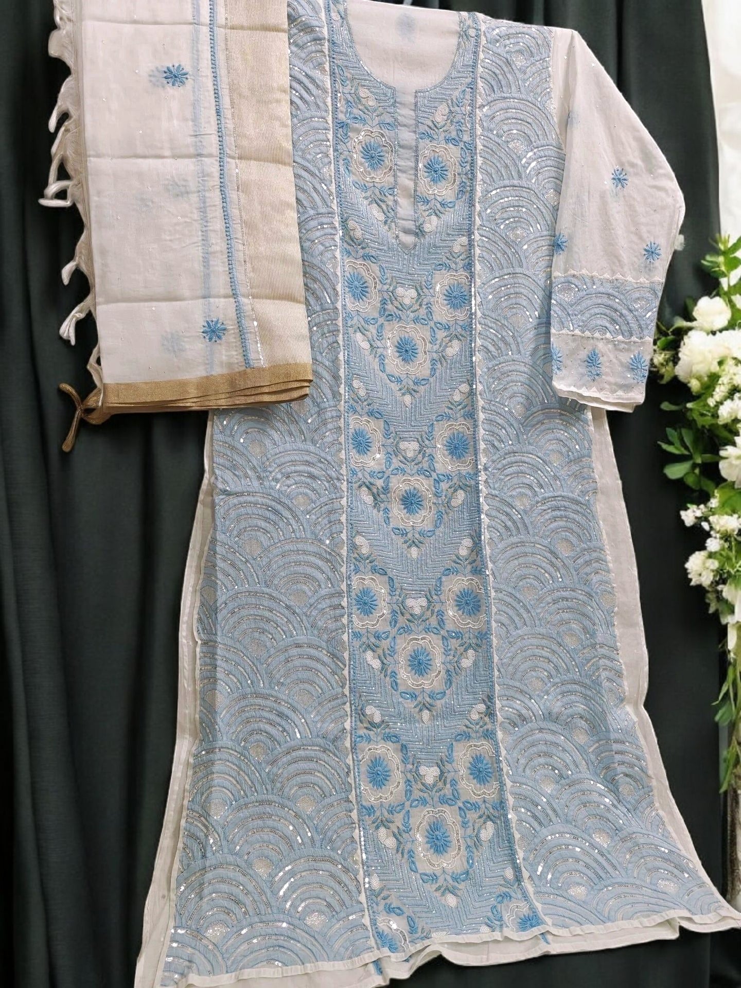 Graceful Moti Pearl & Sequin Handwork Chikankari Suit – Semi-Stitched | Premium Semi Mul Fabric