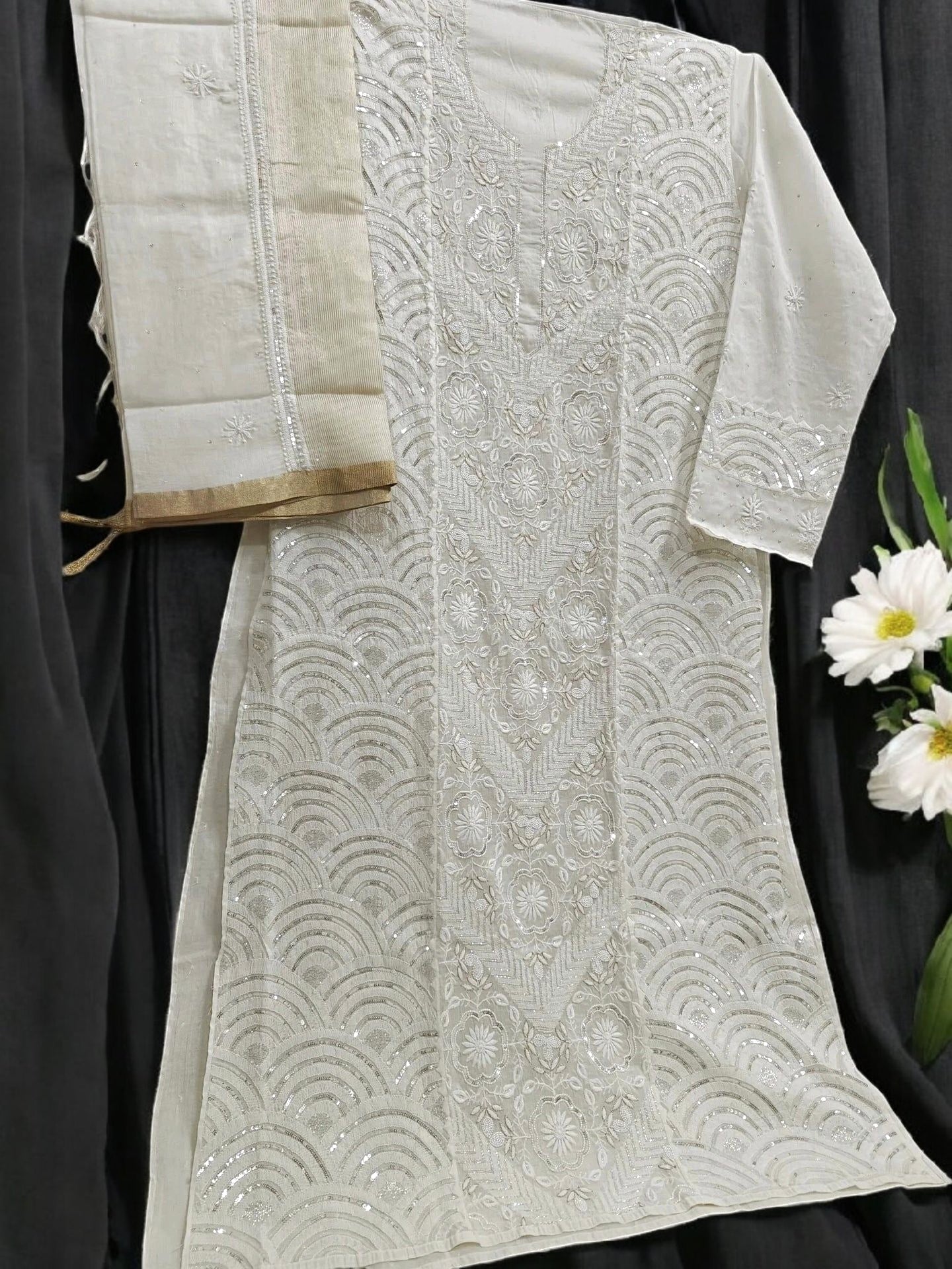 Graceful Moti Pearl & Sequin Handwork Chikankari Suit – Semi-Stitched | Premium Semi Mul Fabric