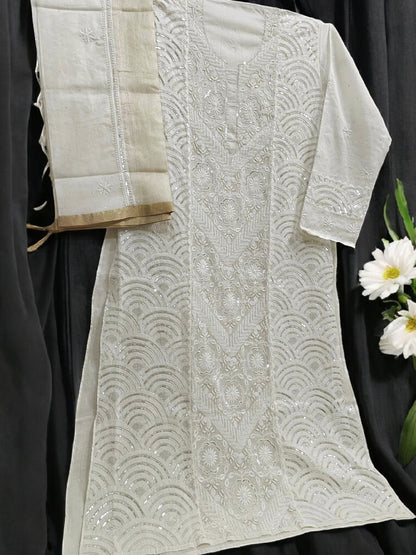 Graceful Moti Pearl & Sequin Handwork Chikankari Suit – Semi-Stitched | Premium Semi Mul Fabric