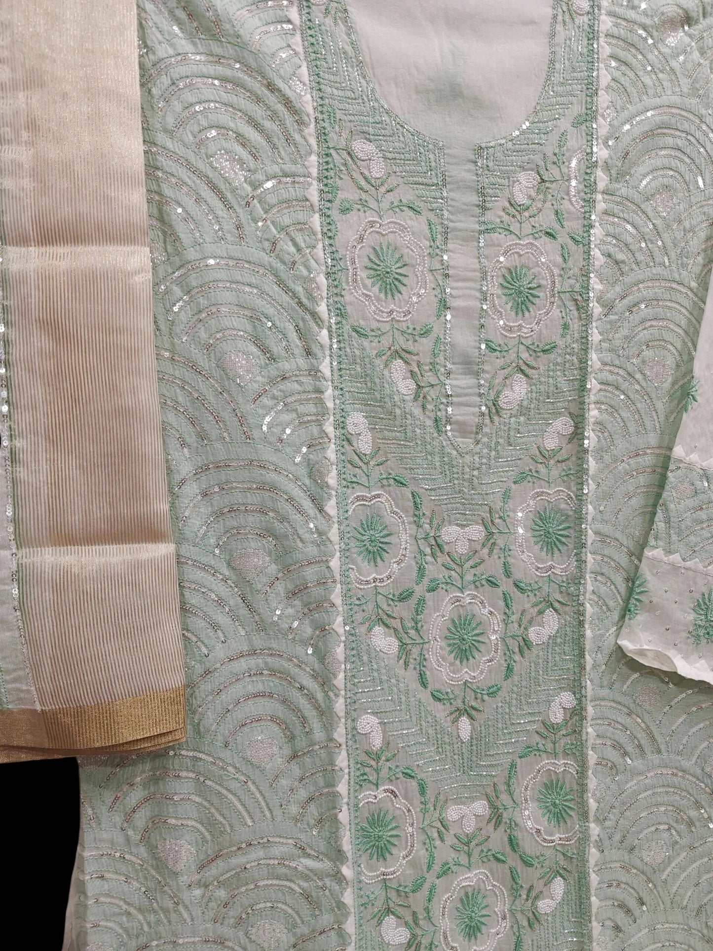 Graceful Moti Pearl & Sequin Handwork Chikankari Suit – Semi-Stitched | Premium Semi Mul Fabric