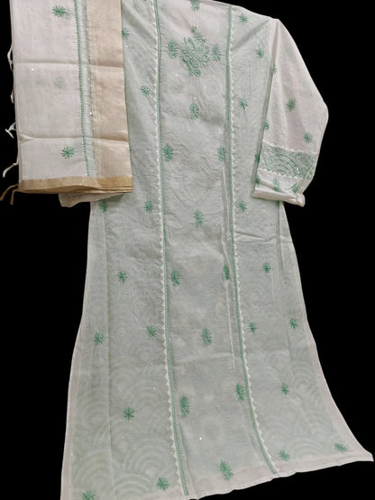 Graceful Moti Pearl & Sequin Handwork Chikankari Suit – Semi-Stitched | Premium Semi Mul Fabric
